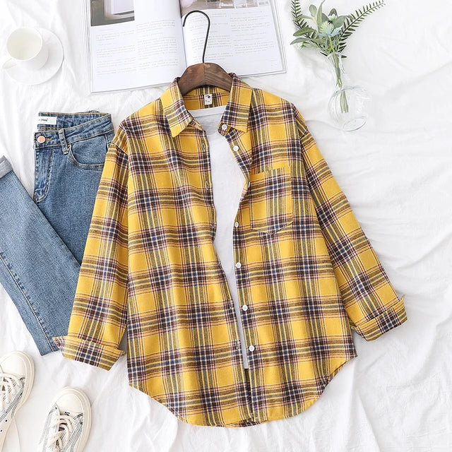 Fall New Loose Womens Plaid Shirt Brand Excellent Quality Blouses and Tops Female Long Sleeve Shirts
