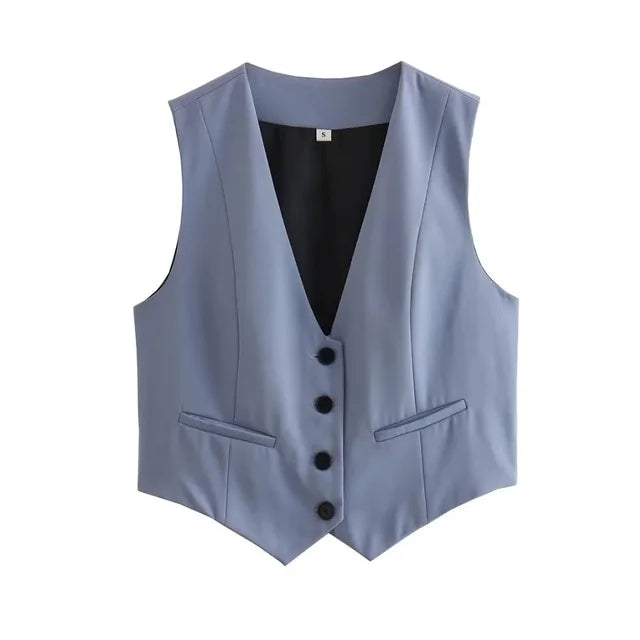Women Fashion Front Button V Neck Sleeveless Female Chic Vest Tops