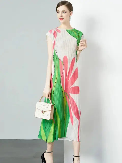 Summer Holiday Floral Print Long Pleated Dress Women Clothing Sleeveless High Stretch Straight Draped Loose Robe