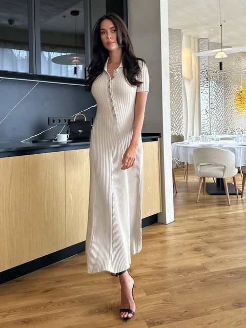 Elegant V Neck Denim Patchwork Knitted Long Dress Women Fashion Short Sleeved Buttons Bodycon Dresses Office Lady