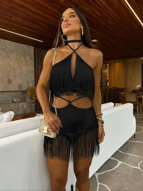 Sexy Tassel Two Piece Skirt Women Halter Lace Bra Tassel Mini Skirt Suit Beach Vacation Casual Female Bathing Suit Summer