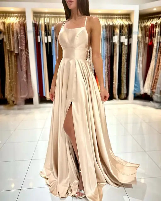 Burgundy Satin Maxi Flared Bridesmaid Dress Slit Sexy Open Back A Line Wedding Evening Gown with Train