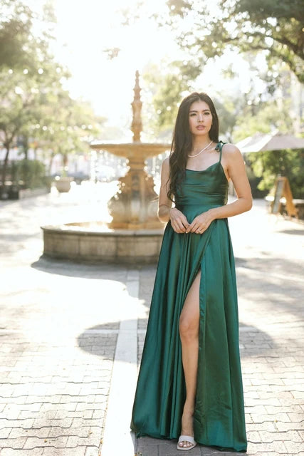 Prom Dress Spandex satin Slit Side Dress A-LINE Scoop Stretch High Split Long Evening Party Wedding Guest Gown