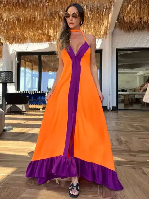 Boho New Elegant Women Maxi Dress Halter Sleeveless Backless Casual Loose Summer Beach Holiday Tie Up Dress