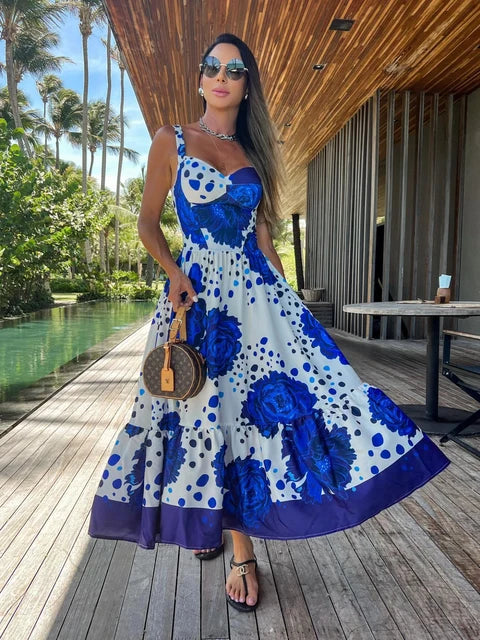 Summer Print Long Dress Women Clothing Party Dresses Pattern Strappy Ladies Hollow Out V-Neck Beach Vestidos