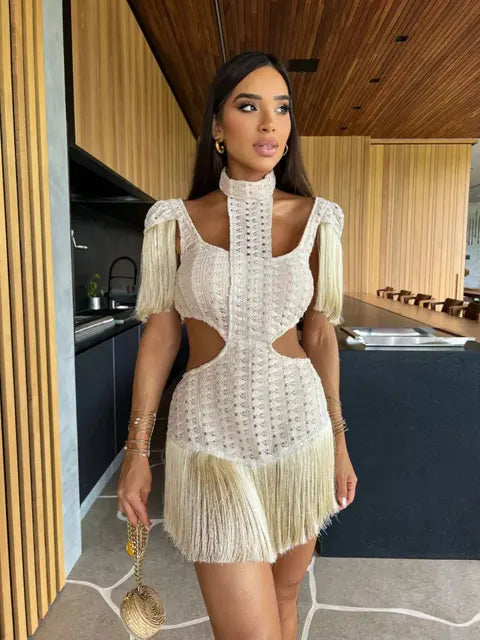 Sexy White Lace Women Dress Turtleneck Tassel Sleeve Slim Naked Waist Hollow Out Long Dress Summer Beach