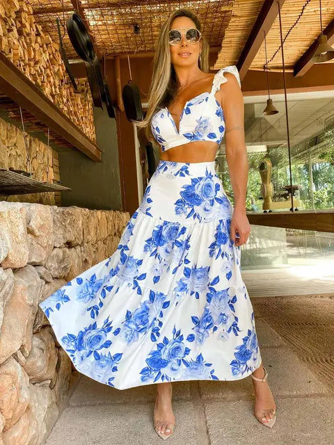 New Women Two-piece Skirt Suit Straps Tube Top Skirt Printed Naked Waist Chic Beach Dance Robe