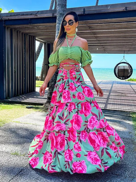 New Women Two-piece Skirt Suit Straps Tube Top Skirt Printed Naked Waist Chic Beach Dance Robe