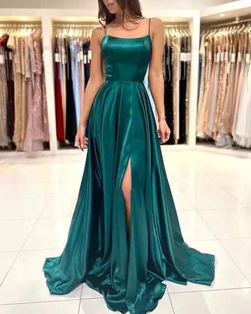 Burgundy Satin Maxi Flared Bridesmaid Dress Slit Sexy Open Back A Line Wedding Evening Gown with Train