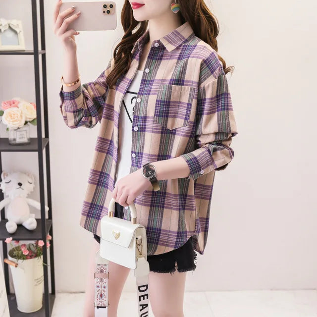Casual Women's Plaid Shirt Fall New Ladies Loose Blouse and Tops Female Long Sleeve Blouses Clothes