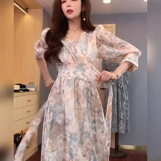 Office Lady Puff Sleeve Floral Dress Loose Waist With Bandage New Women's Summer Dresses Elegant Casual Midi