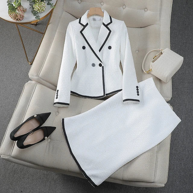 Office Lady Woolen Blazer Skirt Sets Women's Suit Elegant 2 Piezas Outfit White Black Fall Winter
