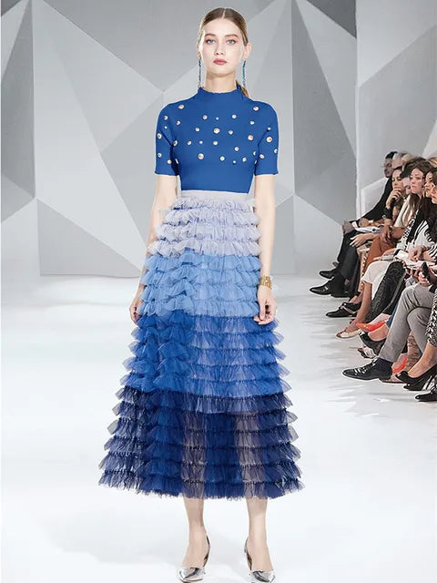 Fall Fashion Runway Two Piece Set Women Pearls Golden Buttons Knitted Top Elastic Waist Tulle Tiered Puffy Mesh Long Skirts