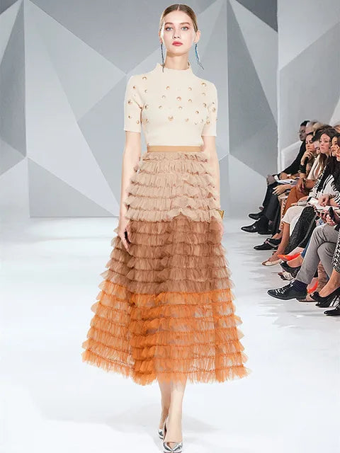 Fall Fashion Runway Two Piece Set Women Pearls Golden Buttons Knitted Top Elastic Waist Tulle Tiered Puffy Mesh Long Skirts