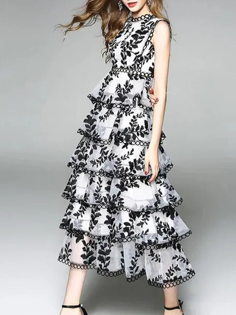 Leaf Embroidery Layered Ruffles Midi Long Dress Women Sleeveless Party Dresses