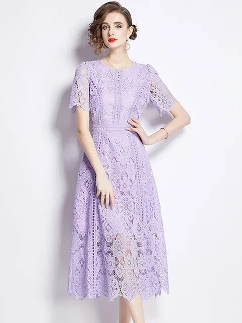 Lace Hollow Out Summer Dress Women's Embroidery Elegant Short Sleeve Dresses