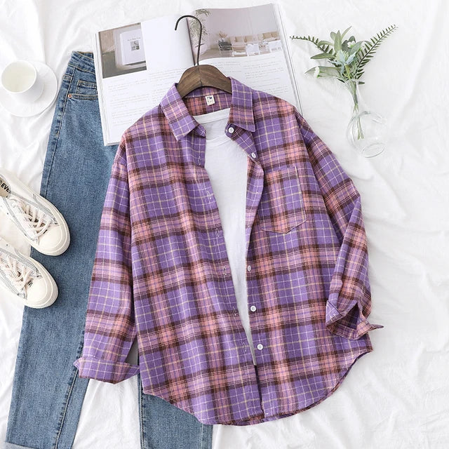 Fall New Loose Womens Plaid Shirt Brand Excellent Quality Blouses and Tops Female Long Sleeve Shirts