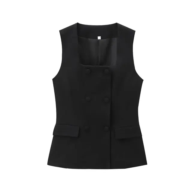 Women Summer Fashion Suits Red Square Neck Sleeveless Pockets Double Breasted Waistcoat Top+Mid-Waist Slit Stralght Pants