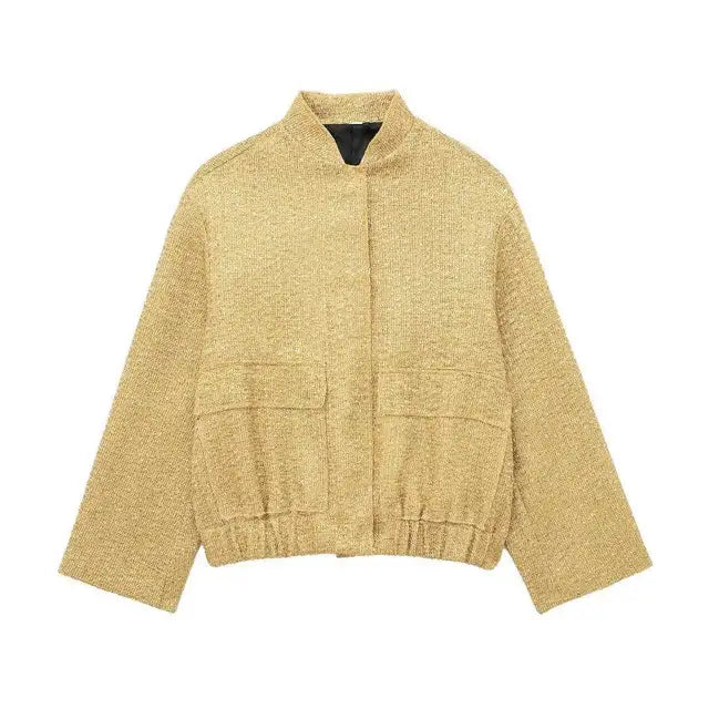 Women Fashion Shiny Sequin Jacket Gold Color Stand Collar Long Sleeve Short Coat Fall Winter Ladies Christmas Outwear