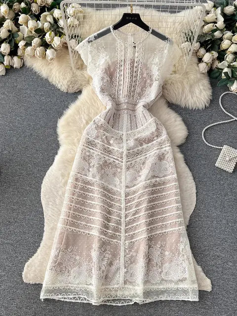 Summer Elegant Lace Mesh Flower Embroidery Dress Women's O-Neck High Waist Hollow Out Evening Party