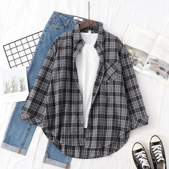 Fall New Loose Womens Plaid Shirt Brand Excellent Quality Blouses and Tops Female Long Sleeve Shirts