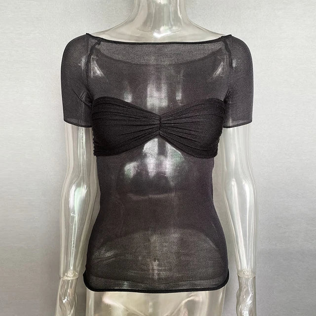 See Through Mesh Crop Top Women Pullovers Strapless Short Knit Cropped Tops Ladies Tee Shirt Sexy Off-shoulder T-shirt