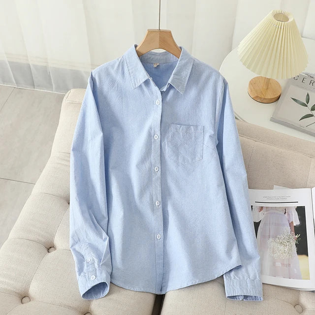 Casual Cotton Women's Oxford Shirt Fall Quality Woman Blouse and Tops Lady White Blue Striped Shirts Clothes