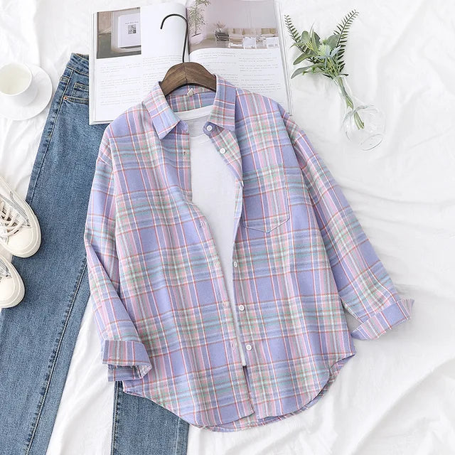 Casual Women's Plaid Shirt Fall New Ladies Loose Blouse and Tops Female Long Sleeve Blouses Clothes