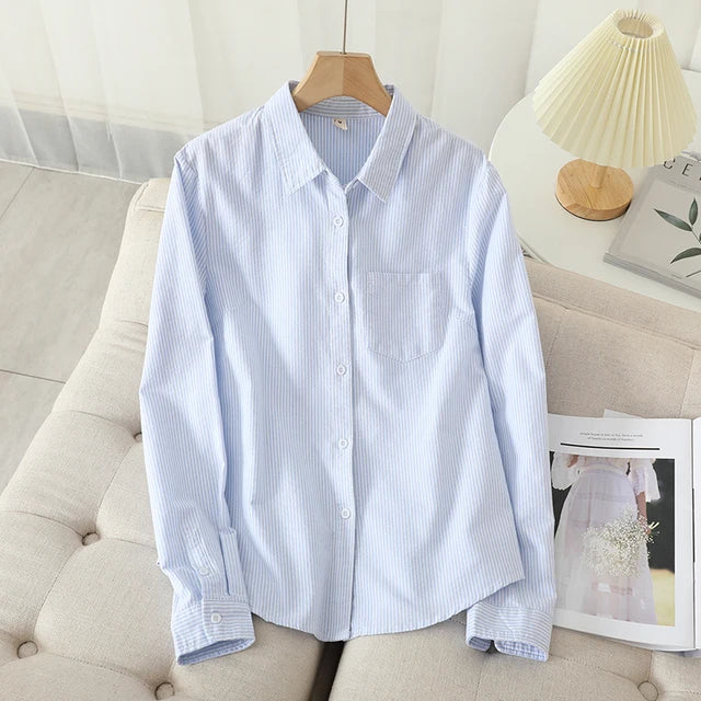 Casual Cotton Women's Oxford Shirt Fall Quality Woman Blouse and Tops Lady White Blue Striped Shirts Clothes