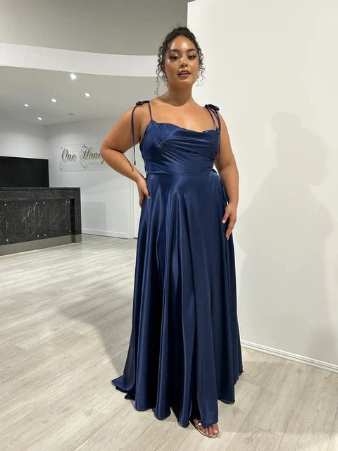 Prom Dress Spandex satin Slit Side Dress A-LINE Scoop Stretch High Split Long Evening Party Wedding Guest Gown
