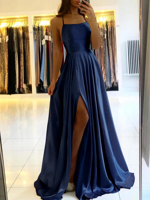 Satin Green Prom Dress Straight Neckline Structured Bodice Low Open Tie Lace Up Back long Satin A-line Gown