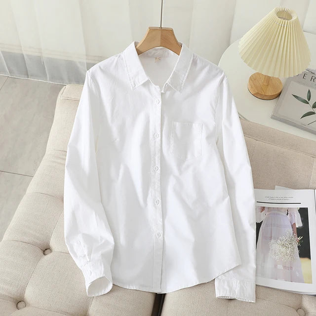 Casual Cotton Women's Oxford Shirt Fall Quality Woman Blouse and Tops Lady White Blue Striped Shirts Clothes