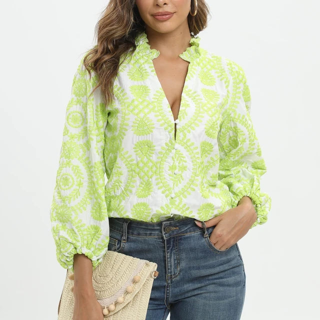 Embroidered Blouse Women Fashion Long Sleeve Blusas Fitted Clothing Female Shirt Slim Lady Top Work Wears