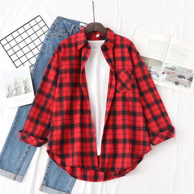 Casual Women's Plaid Shirt Fall New Ladies Loose Blouse and Tops Female Long Sleeve Blouses Clothes