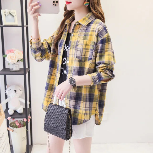 Casual Women's Plaid Shirt Fall New Ladies Loose Blouse and Tops Female Long Sleeve Blouses Clothes