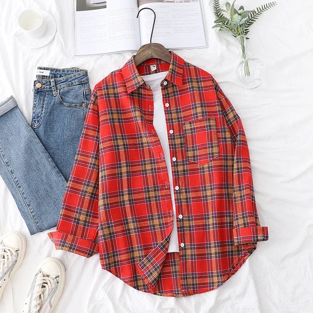 Fall New Loose Womens Plaid Shirt Brand Excellent Quality Blouses and Tops Female Long Sleeve Shirts