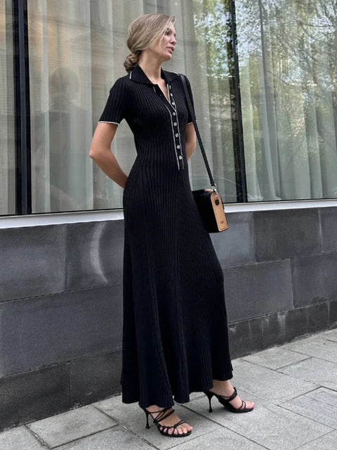 Elegant V Neck Denim Patchwork Knitted Long Dress Women Fashion Short Sleeved Buttons Bodycon Dresses Office Lady