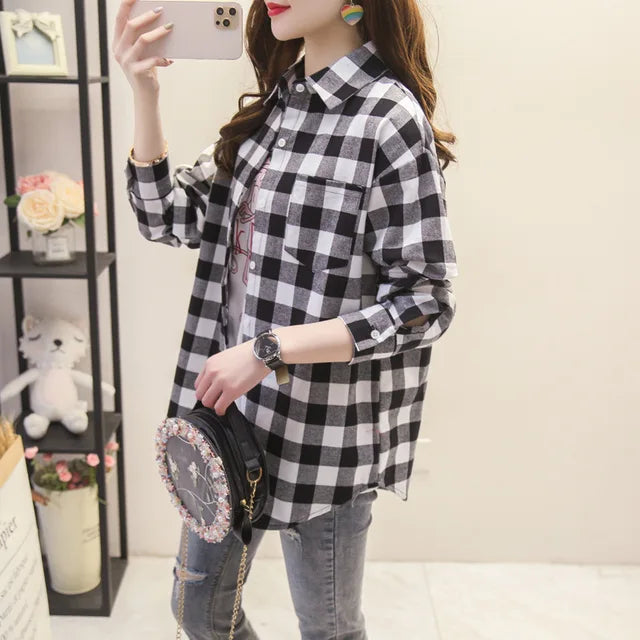 Casual Women's Plaid Shirt Fall New Ladies Loose Blouse and Tops Female Long Sleeve Blouses Clothes