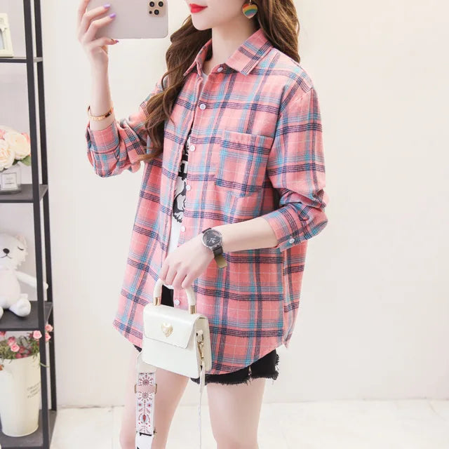 Casual Women's Plaid Shirt Fall New Ladies Loose Blouse and Tops Female Long Sleeve Blouses Clothes