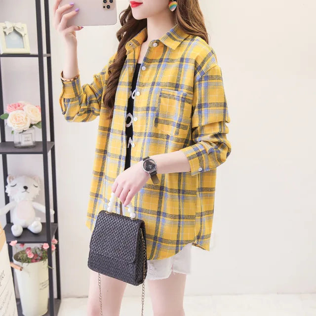 Casual Women's Plaid Shirt Fall New Ladies Loose Blouse and Tops Female Long Sleeve Blouses Clothes