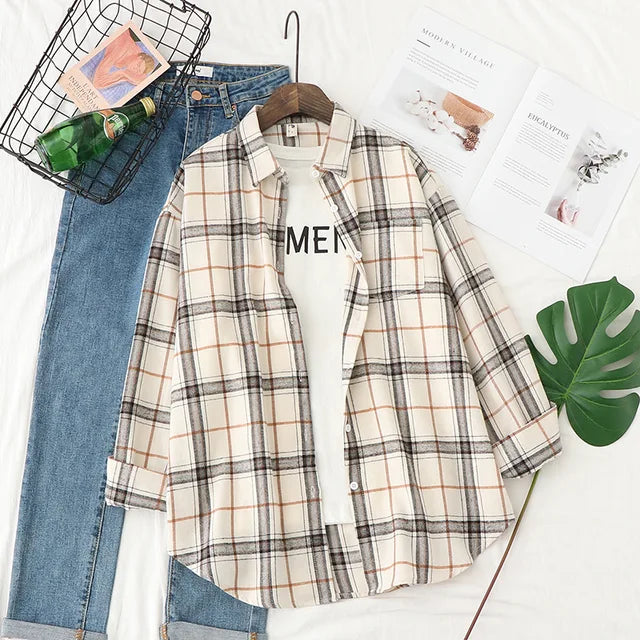 Casual Women's Plaid Shirt Fall New Ladies Loose Blouse and Tops Female Long Sleeve Blouses Clothes