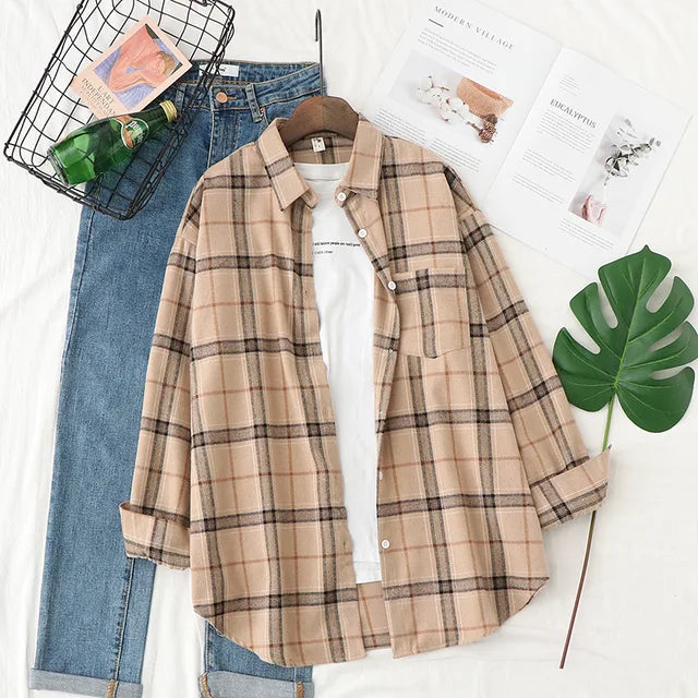 Casual Women's Plaid Shirt Fall New Ladies Loose Blouse and Tops Female Long Sleeve Blouses Clothes