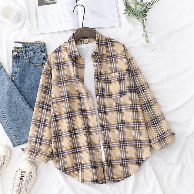 Fall New Loose Womens Plaid Shirt Brand Excellent Quality Blouses and Tops Female Long Sleeve Shirts