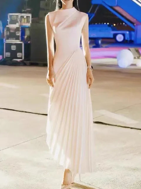 High End Stand Collar Asymmetrical Pleated Long Dress Women's Fashion Elegant