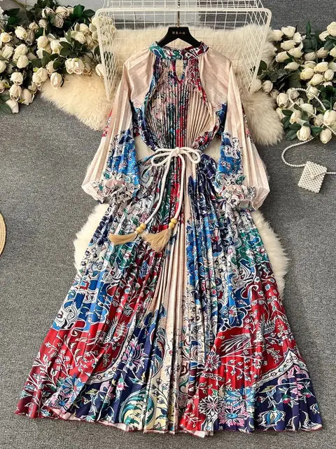 Spring Print Long Dress For Women Fashion Loose Lantern Sleeve Party Female Big Swing Tassels Belt Pleated