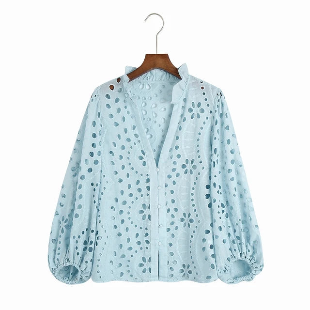 Embroidered Blouse Women Fashion Long Sleeve Blusas Fitted Clothing Female Shirt Slim Lady Top Work Wears
