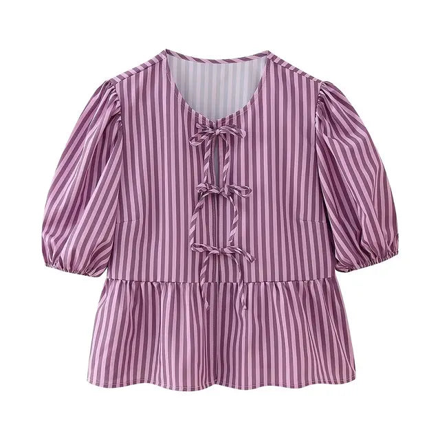 Summer Shirt With Strap Lace-up Leopard Blouse Puff Sleeve Crop Top Women's Summer Clothing