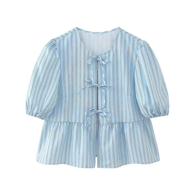 Summer Shirt With Strap Lace-up Leopard Blouse Puff Sleeve Crop Top Women's Summer Clothing