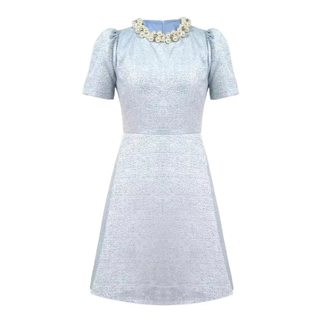 Holiday Party Short Sleeve Evening Dress Women Clothes Elegant Luxury Pearl O-Neck Slim A-Line Short Birthday Party