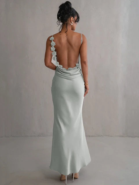 Holiday Party Floral Draped Backless Maxi Long Dress For Women Fashion Spaghetti Strap Sleeveless Bodycon Evening Party Dress Elegant